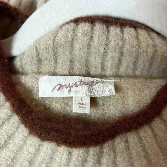 MYSTREE ROUND NECK RIBBED KNIT PULLOVER SWEATER BEIGE BROWN PIPING SIZE LARGE - Picture 3 of 7